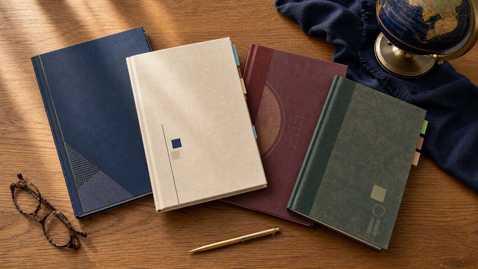 Four different hardcover notebooks side by side on a desk with a globe, representing a comparison of the CBSE, IGCSE, ICSE and IB boards