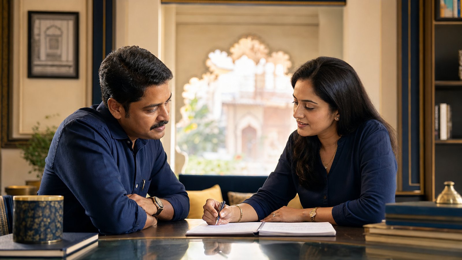 Two parents reviewing enrolment details together at a table while choosing a tuition centre