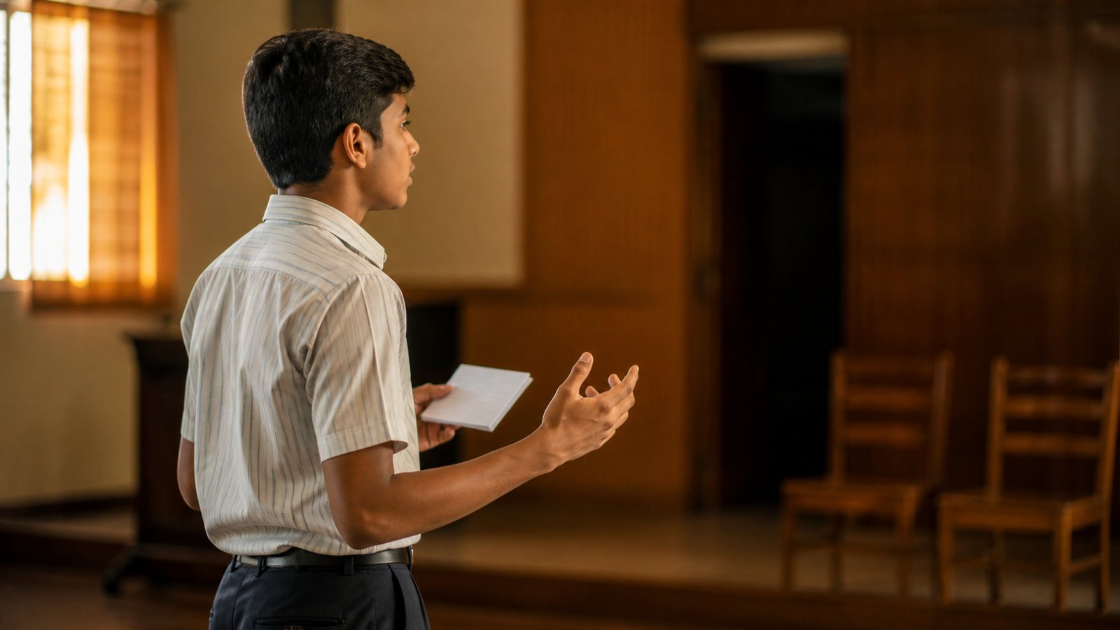 A student rehearsing a speech in front of a small group, representing public speaking and co-curricular skills