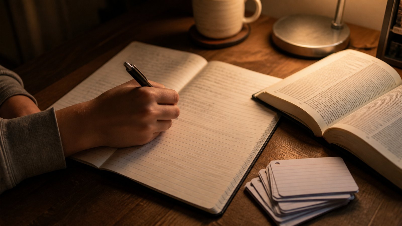 A student writing in an English exercise book with a dictionary open beside it, representing closing an English language gap