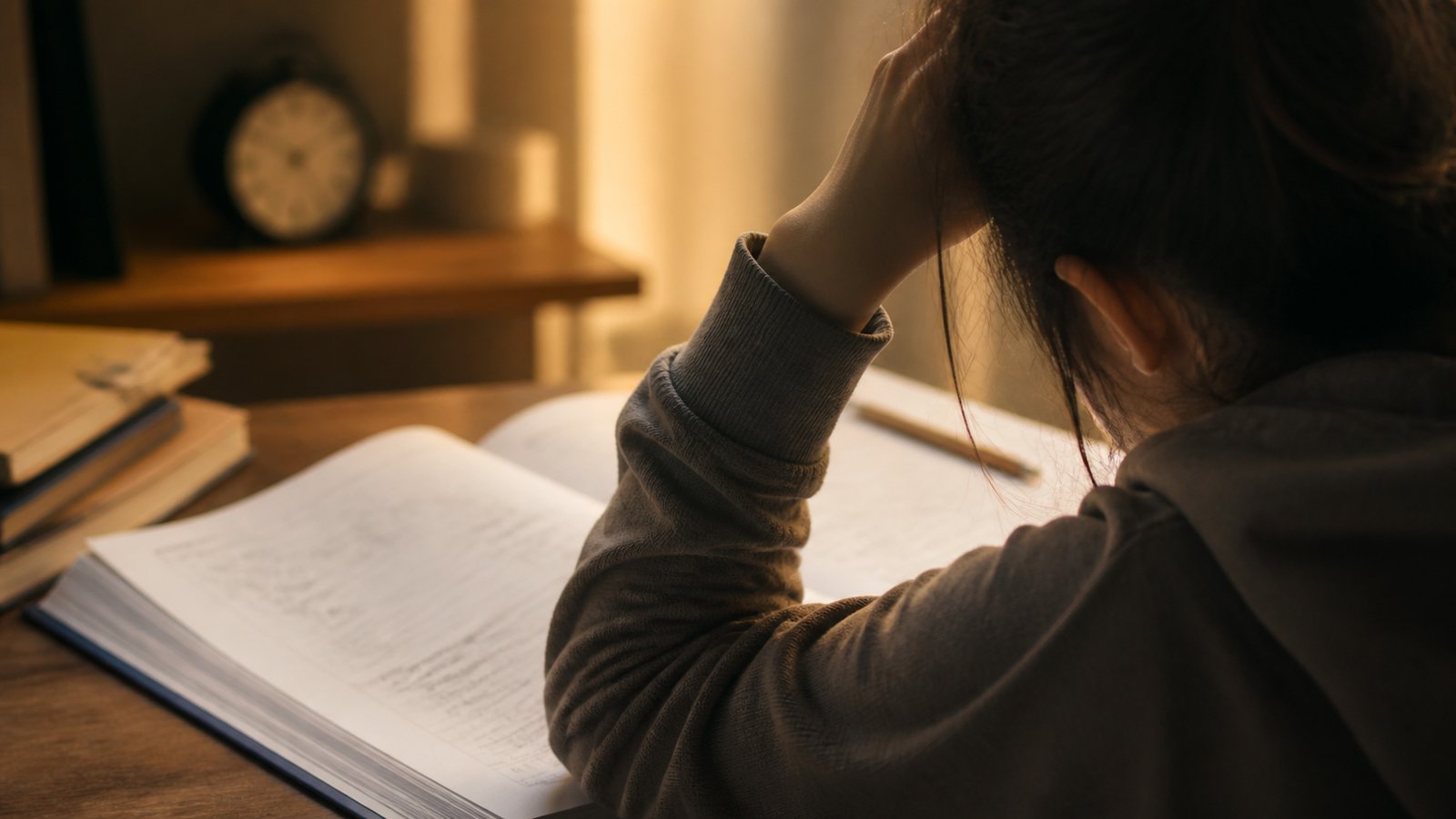 A student resting their head on their arms beside an open exam paper, representing exam anxiety
