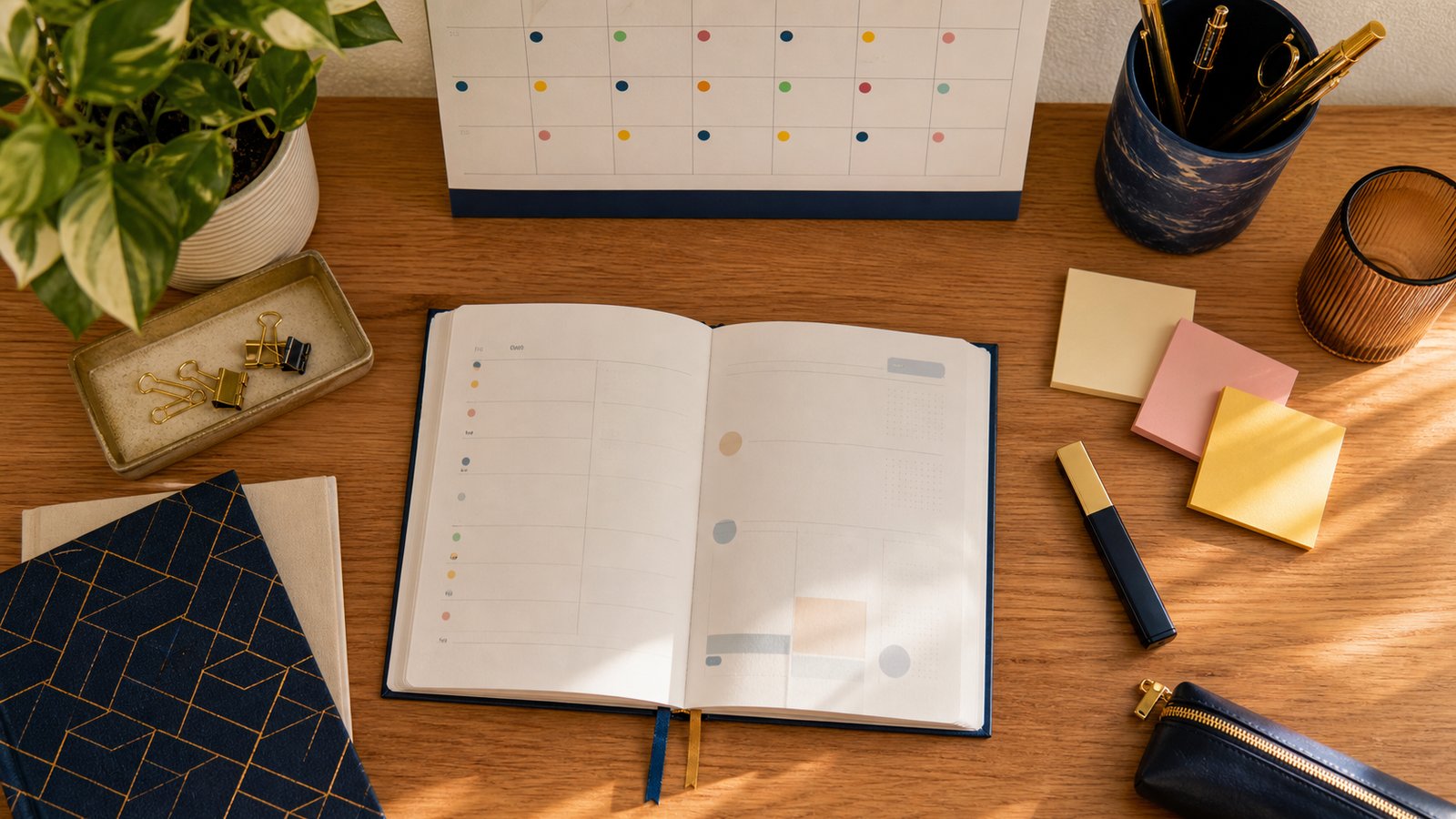 An open study planner beside a colour-coded calendar on a desk, representing a term-by-term Class 10 board exam timeline