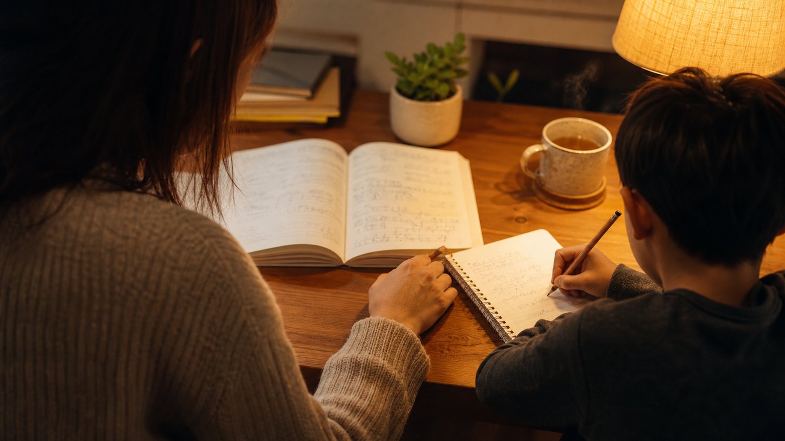 A parent and child working together at a warmly lit desk with an open notebook and a cup of tea, representing catching up mid-year