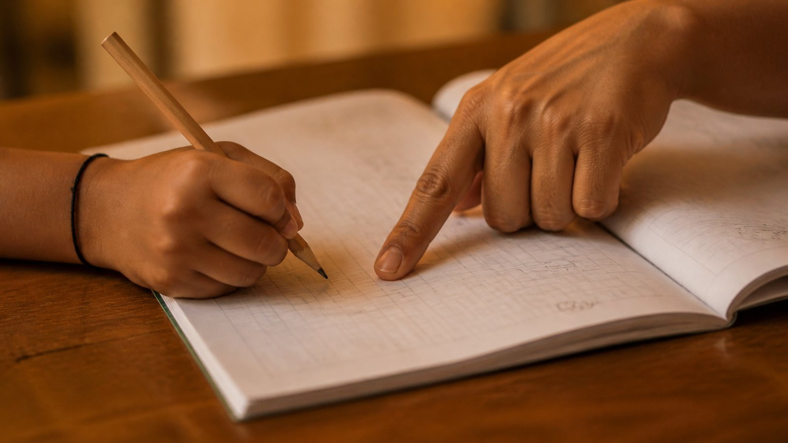 A parent looking over a child's shoulder as they do homework at the kitchen table