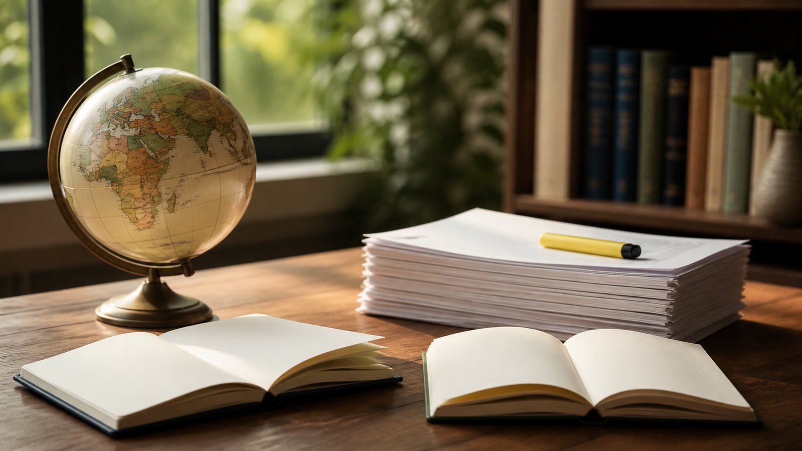 A stack of academic guides and a globe on a desk, representing IB MYP and Diploma programme comparison