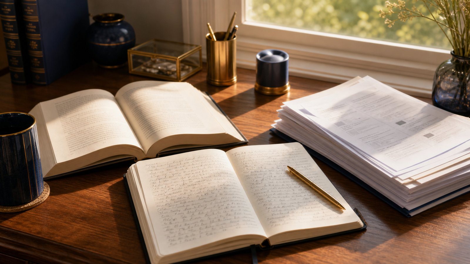 An open novel and handwritten essay notebook with a pen, representing IGCSE English 0500 exam preparation