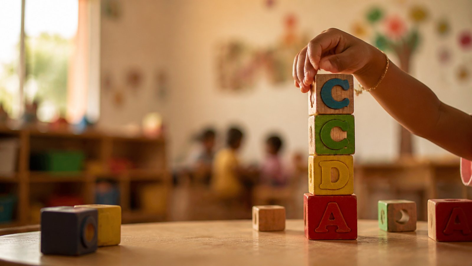 A young child playing with letter blocks, representing kindergarten school readiness