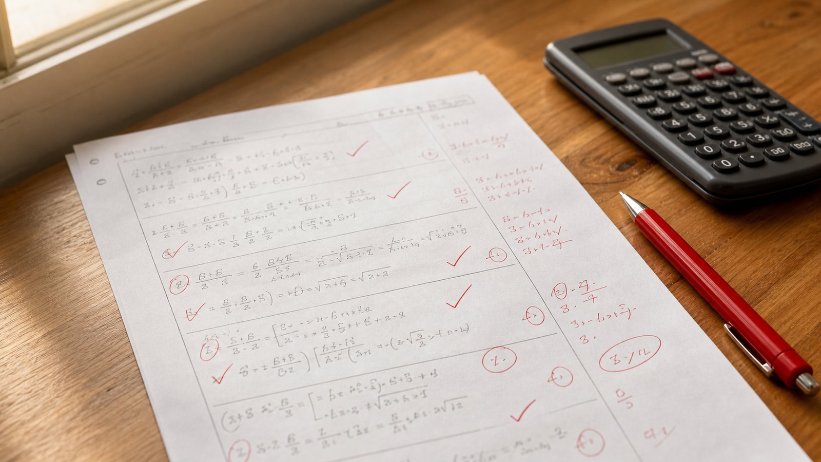 A graded exam answer sheet with red pen tick marks and a calculator on a wooden desk, representing how marking schemes work