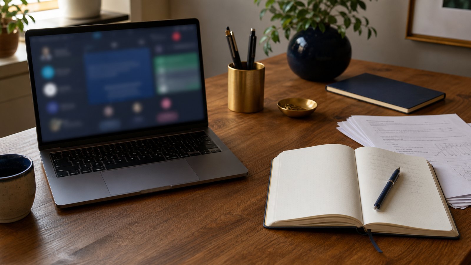 A laptop showing a video call beside an open notebook and papers on the same desk, representing online and offline tuition