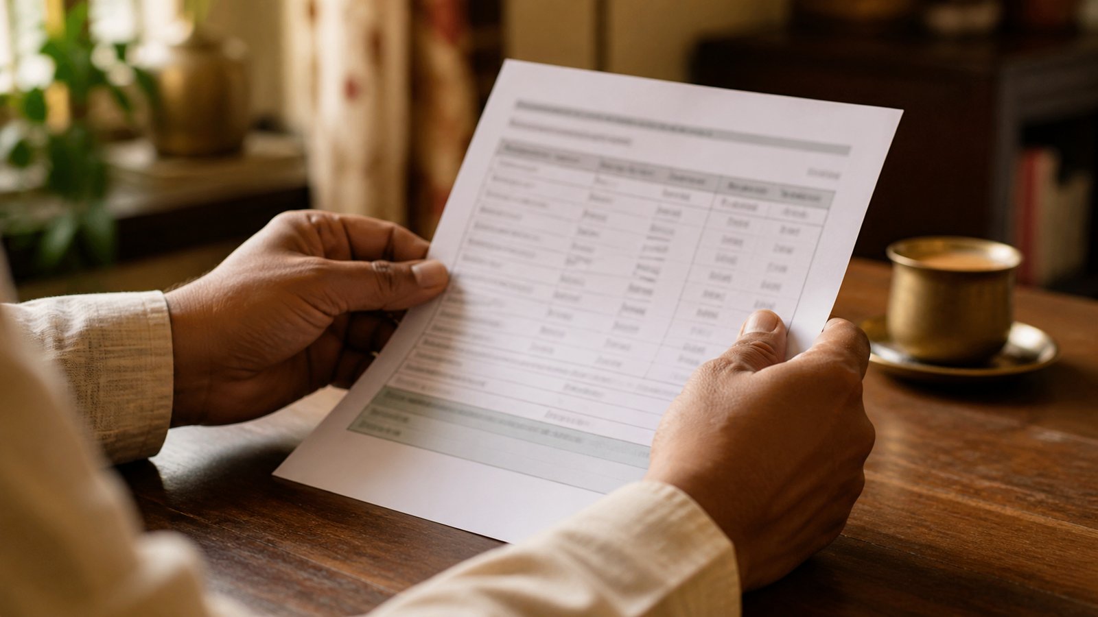 A parent reading a printed school report card closely at a table