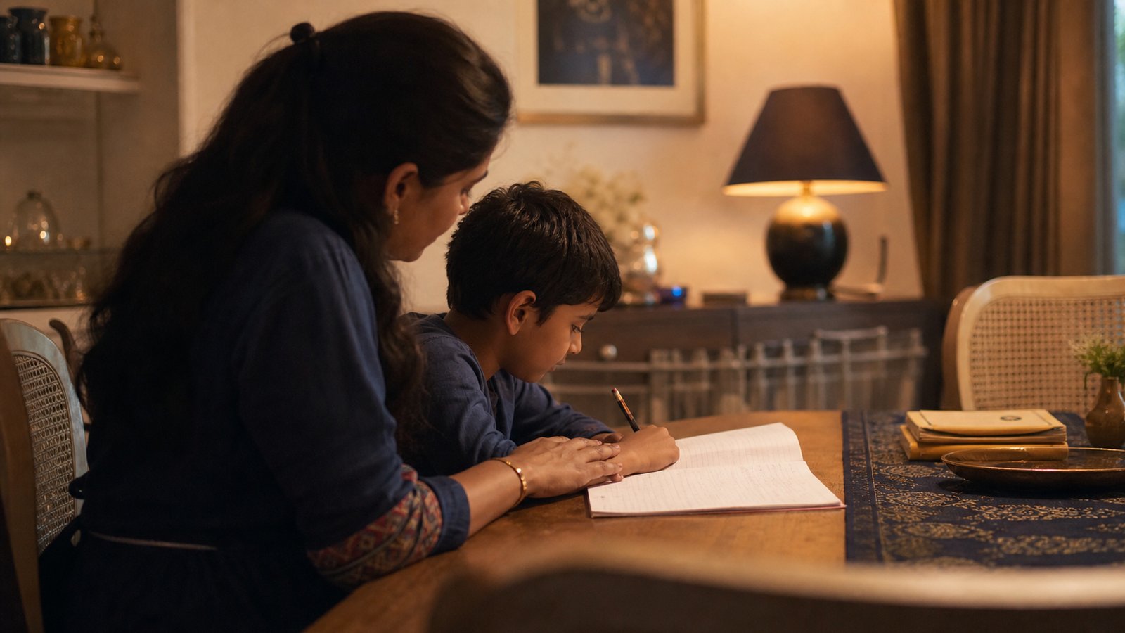 A mother sitting closely with her son as he does homework, watching for early signs he needs extra academic support