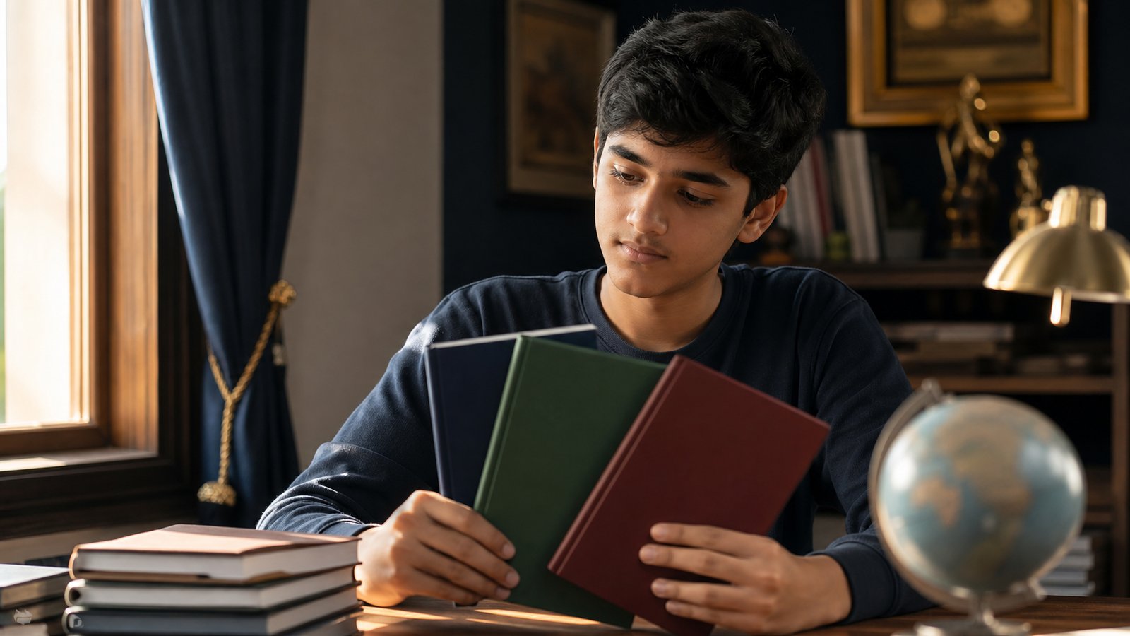 A teenage student weighing three different colour-coded notebooks representing Science, Commerce and Arts streams