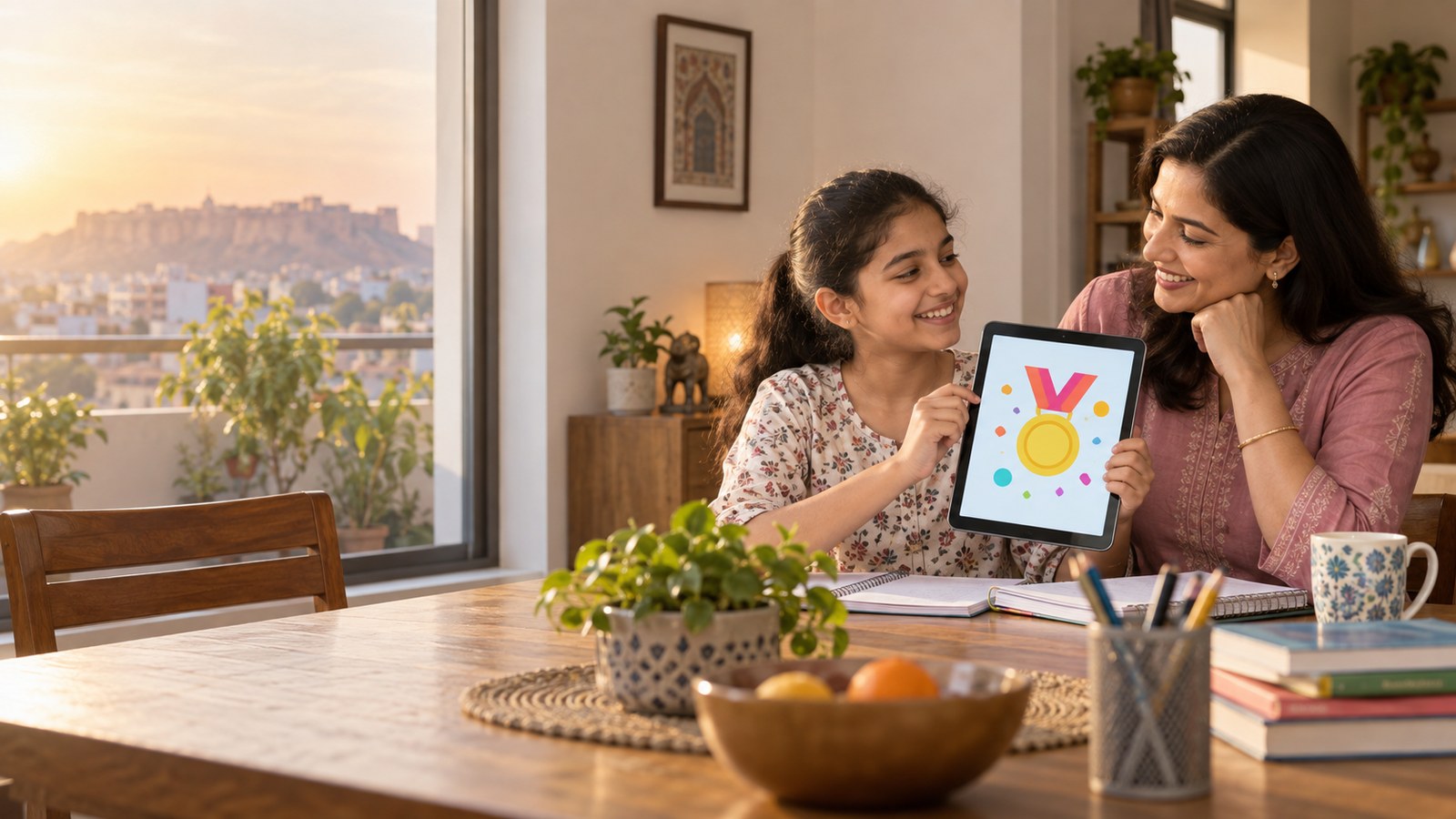 A student showing a parent their progress at home